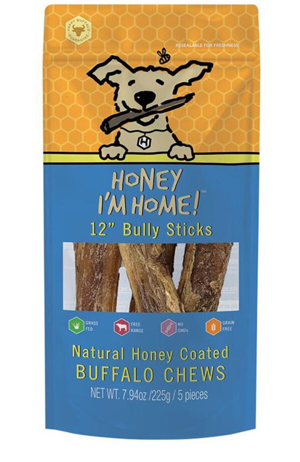 Honey I'm Home, Bully Sticks Buffalo Dog Chews, 12 Inches, 5 Pieces