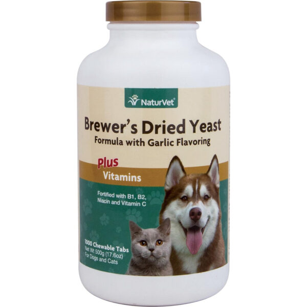 Naturvet Brewers Dried Yeast Formula with Garlic Flavoring Plus Vitamins for Dogs and Cats, Chewable Tablets, Made in The USA